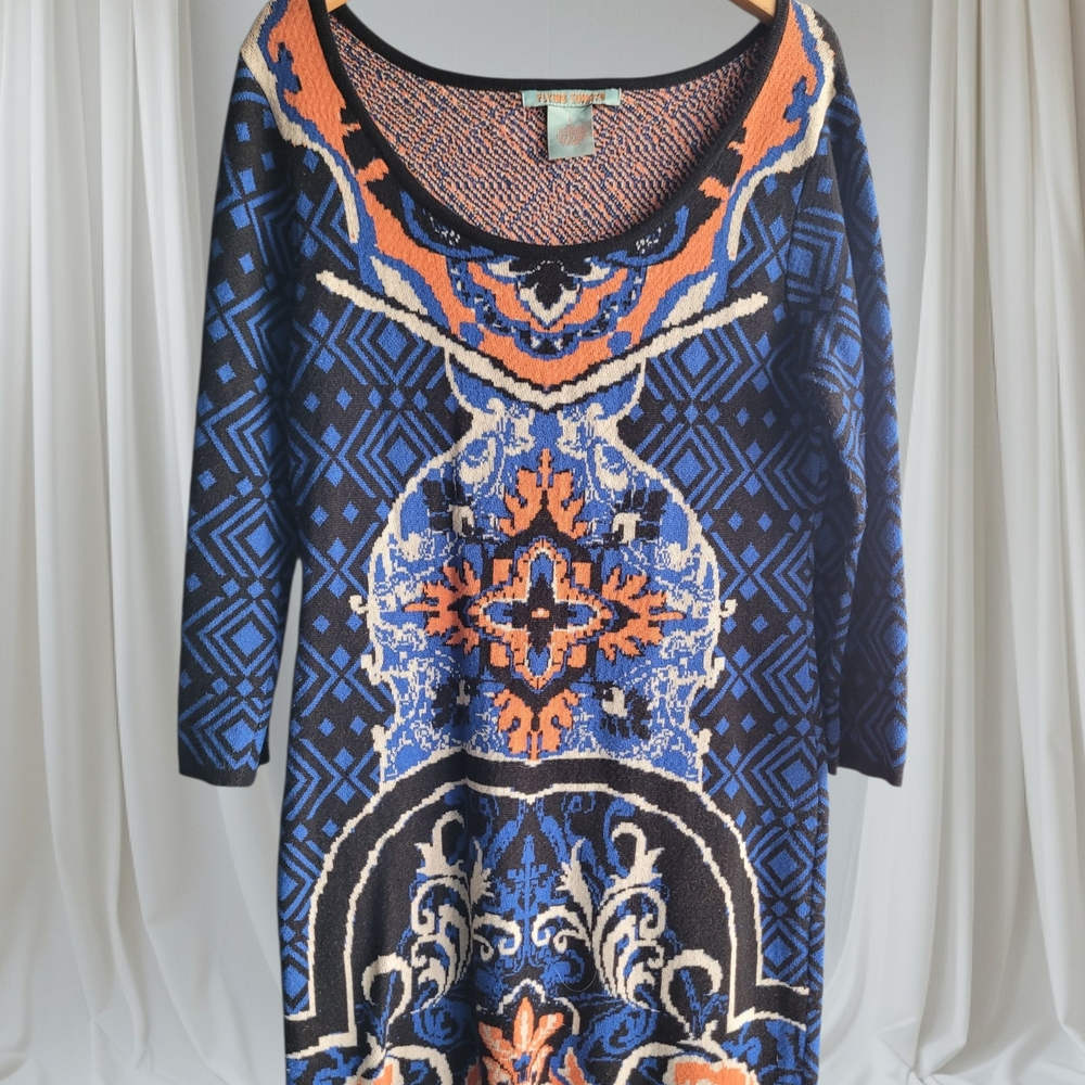 Large Flying Tomato Blue and Orange Long Sleeve Dress